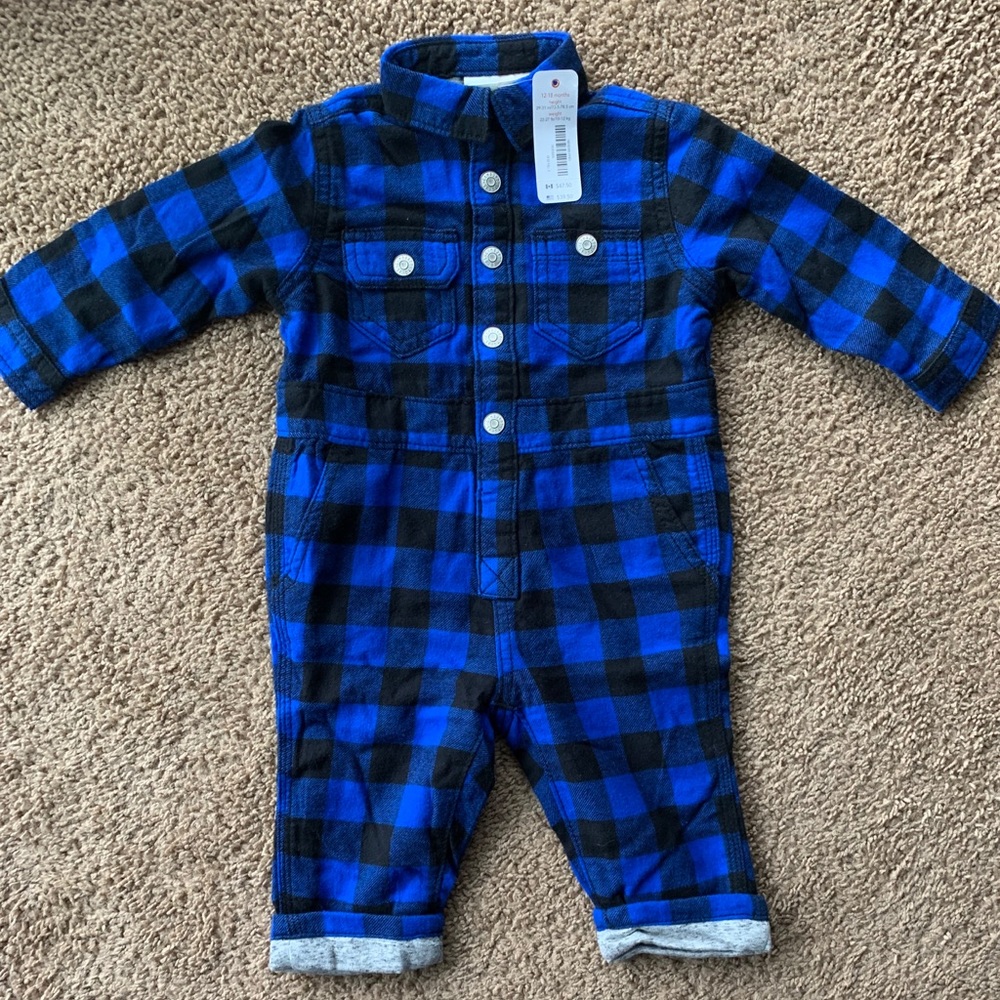 Blue buffalo plaid print onsie